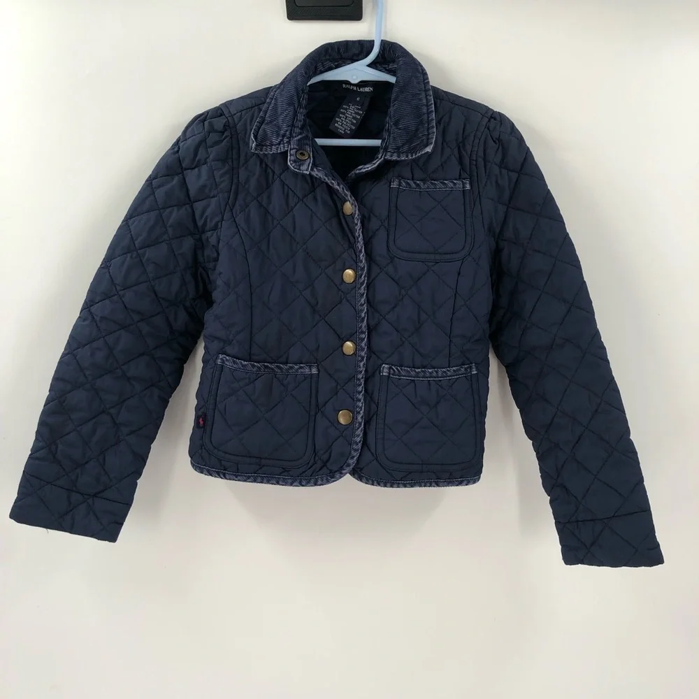 RALPH LAUREN Quilted Jacket Coat Navy Blue Chore Barn Coat Corduroy Trim Prep 6